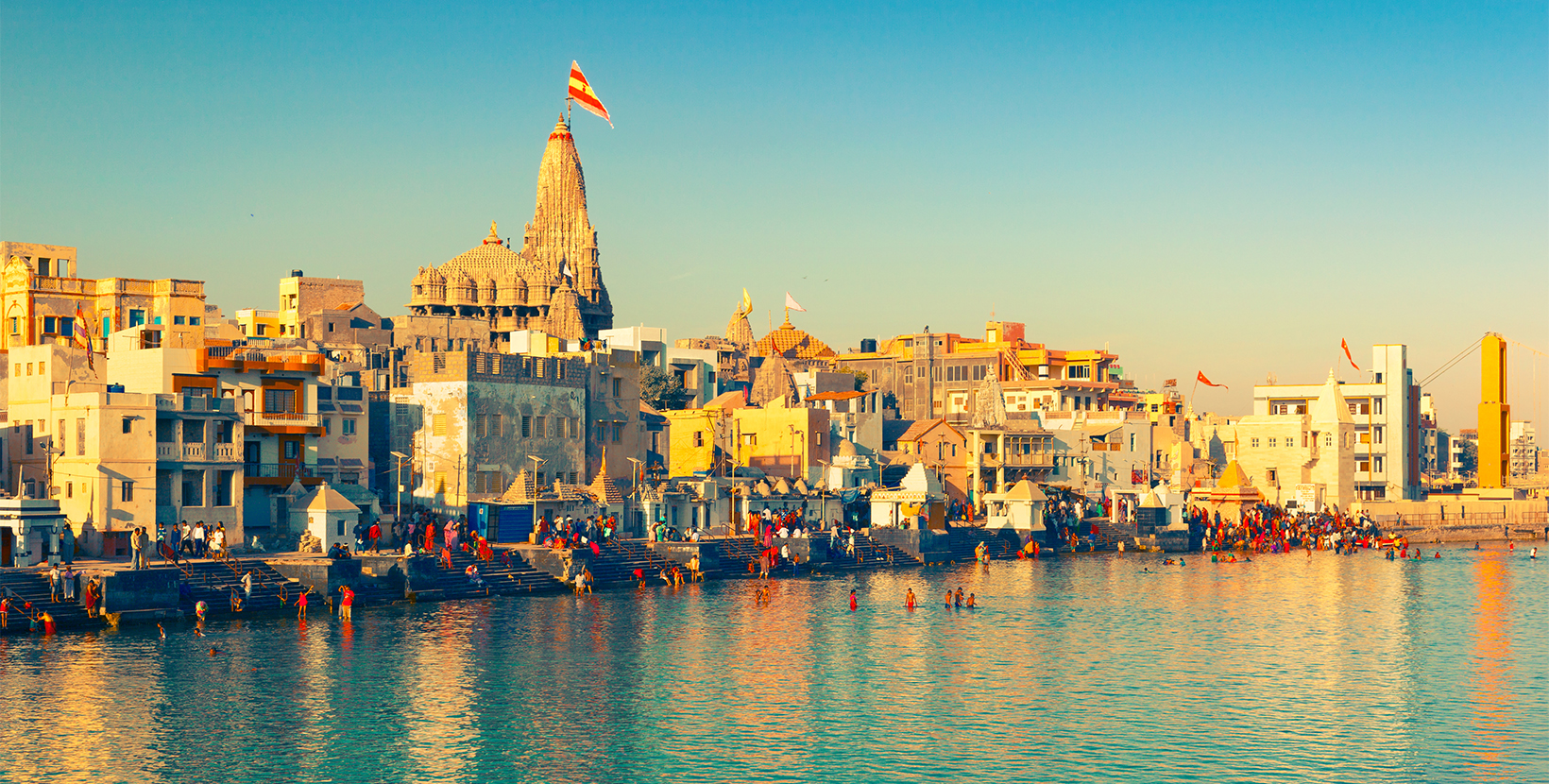 View of Gomti Ghat and Hindu Temple "Shree Dwarkadhish". Dwarka, Gujarat, India