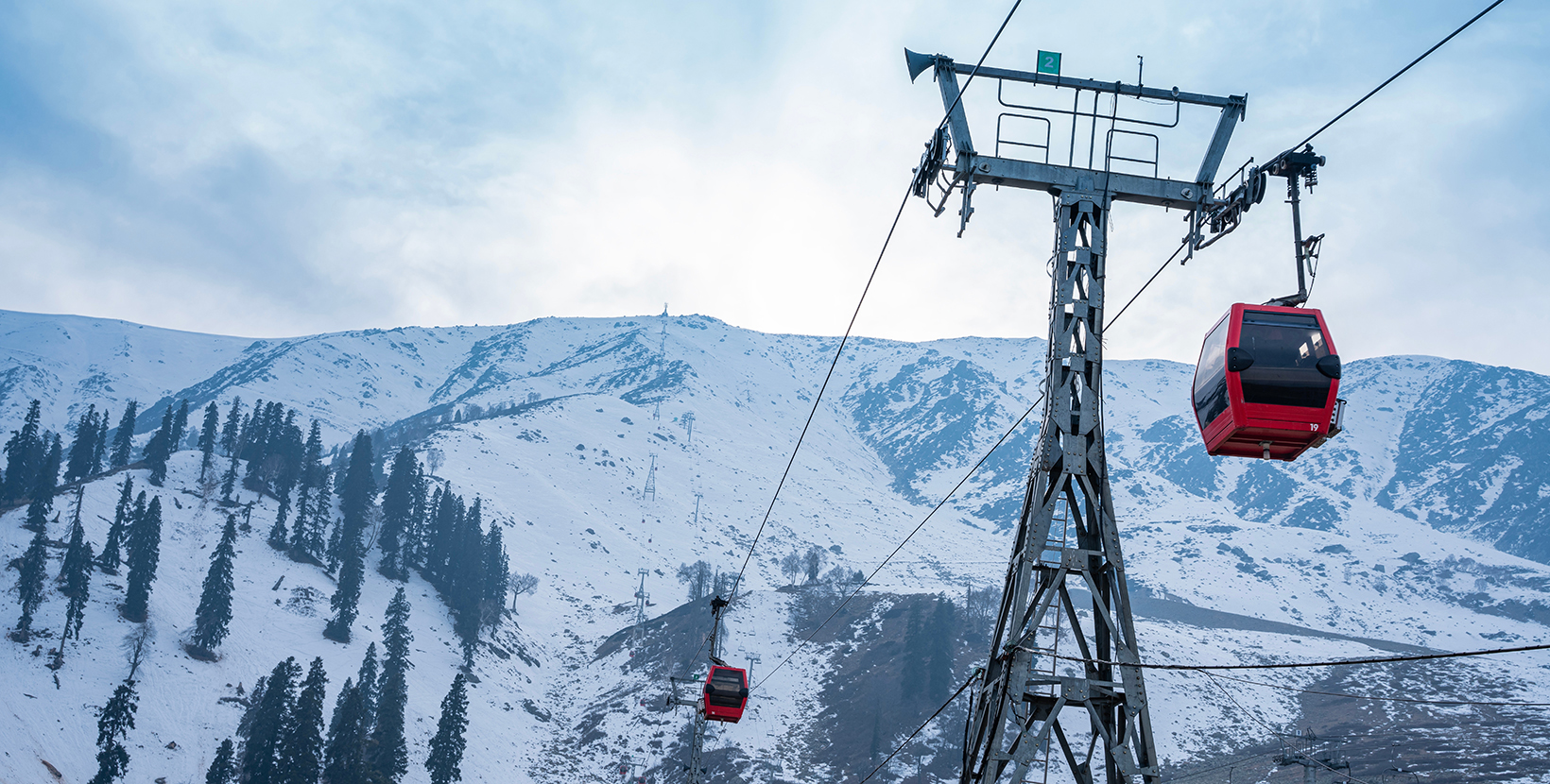 Kashmir adventure activity gondola cable card ride, Beautiful snow covered mountain view with ropeway cable car ride