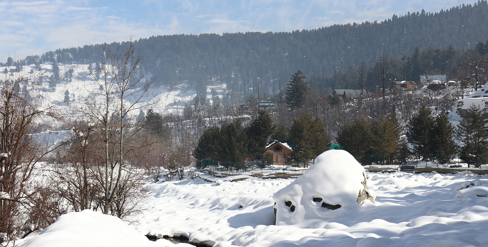 Tangmarg, Kashmir, India - January 15, 2021: Amazing view of the snow covered surroundings in winter