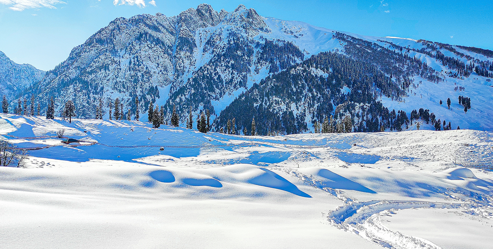 Sunny day at sonamarg kashmir with snow covered meadow and mountain