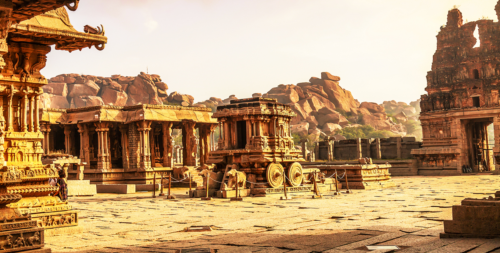 Ancient architecture at the Vijaya Vittala temple built in the 15th century AD at sunrise at Hampi Karnataka, India