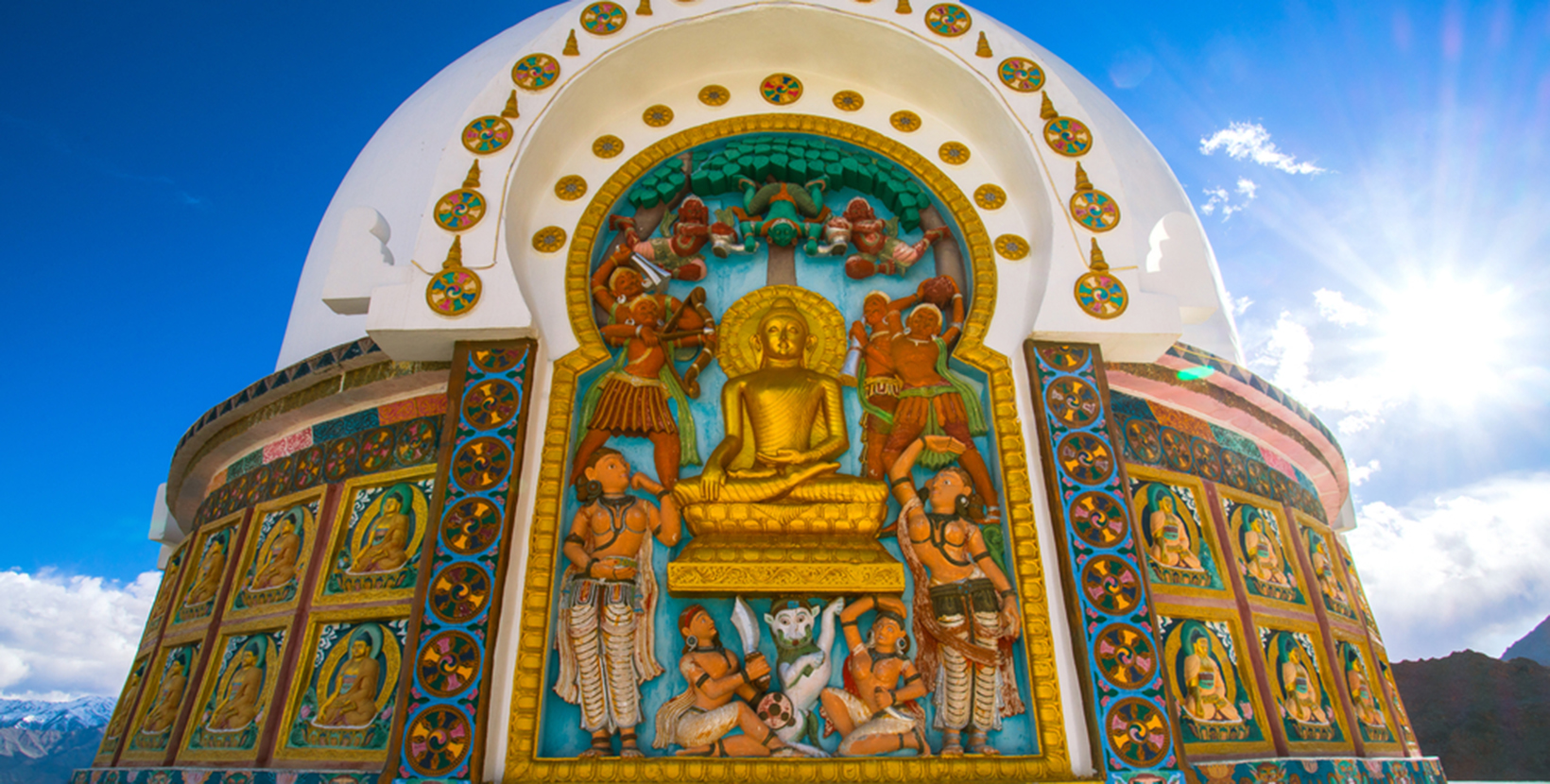 Shanti Stupa, a Buddhist white-domed stupa (chorten) on a hilltop in Chanspa, Leh district, Ladakh, state of Jammu and Kashmir, North India