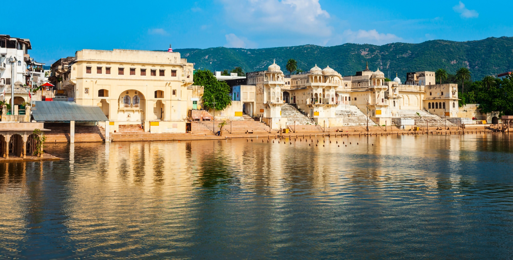 Ghats at Pushkar lake in Pushkar town in Rajasthan state of India