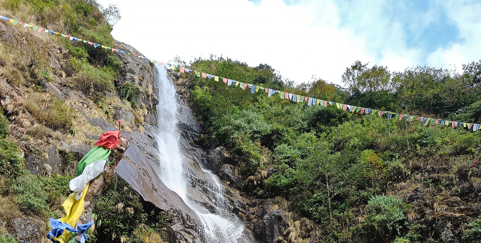 Breathtaking view of Bhim Nala Falls or Bhewma Falls, also called Amitabh Bachchan Falls waterfall. Located in Lachung, North Sikkim, it is the tallest waterfall famous for tourism in Sikkim, India.