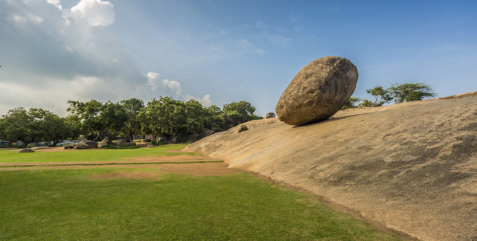 Krishna's butterball, the giant natural balancing rock in Mahabalipuram, Tamil Nadu, India