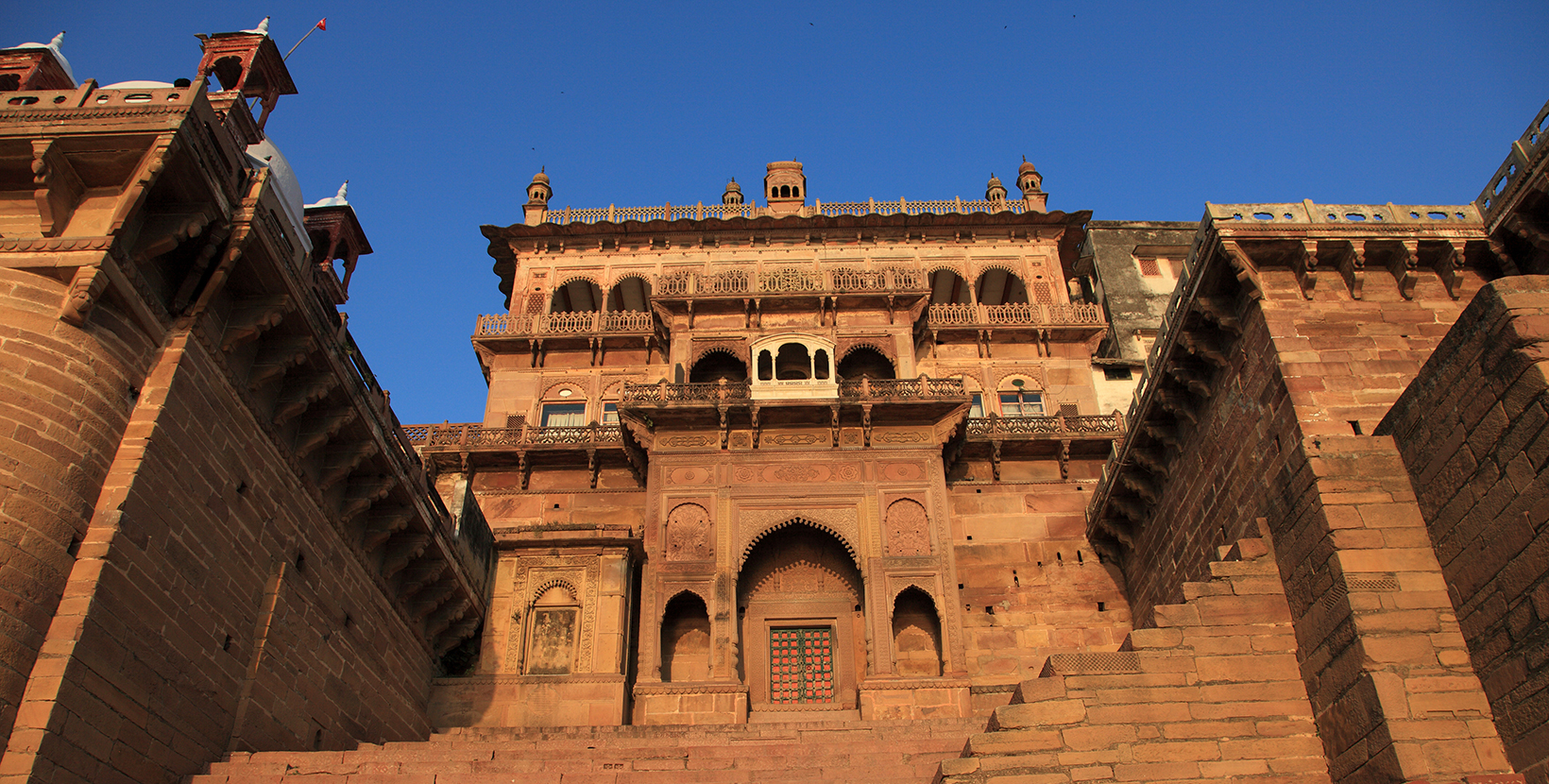 View of the ancient Ramnagar Fort from the river Ganges. The Ramnagar Fort of Varanasi was built in 1750 in typical Mughal style of architecture.