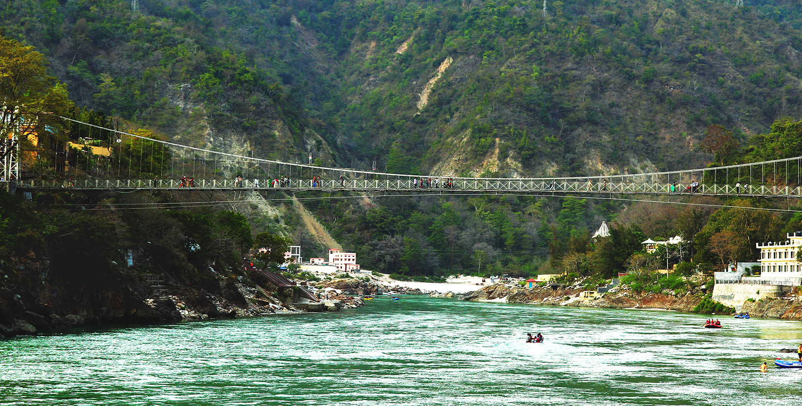 View to Ganga river and lakshman jhula bridge, Rishikesh, India