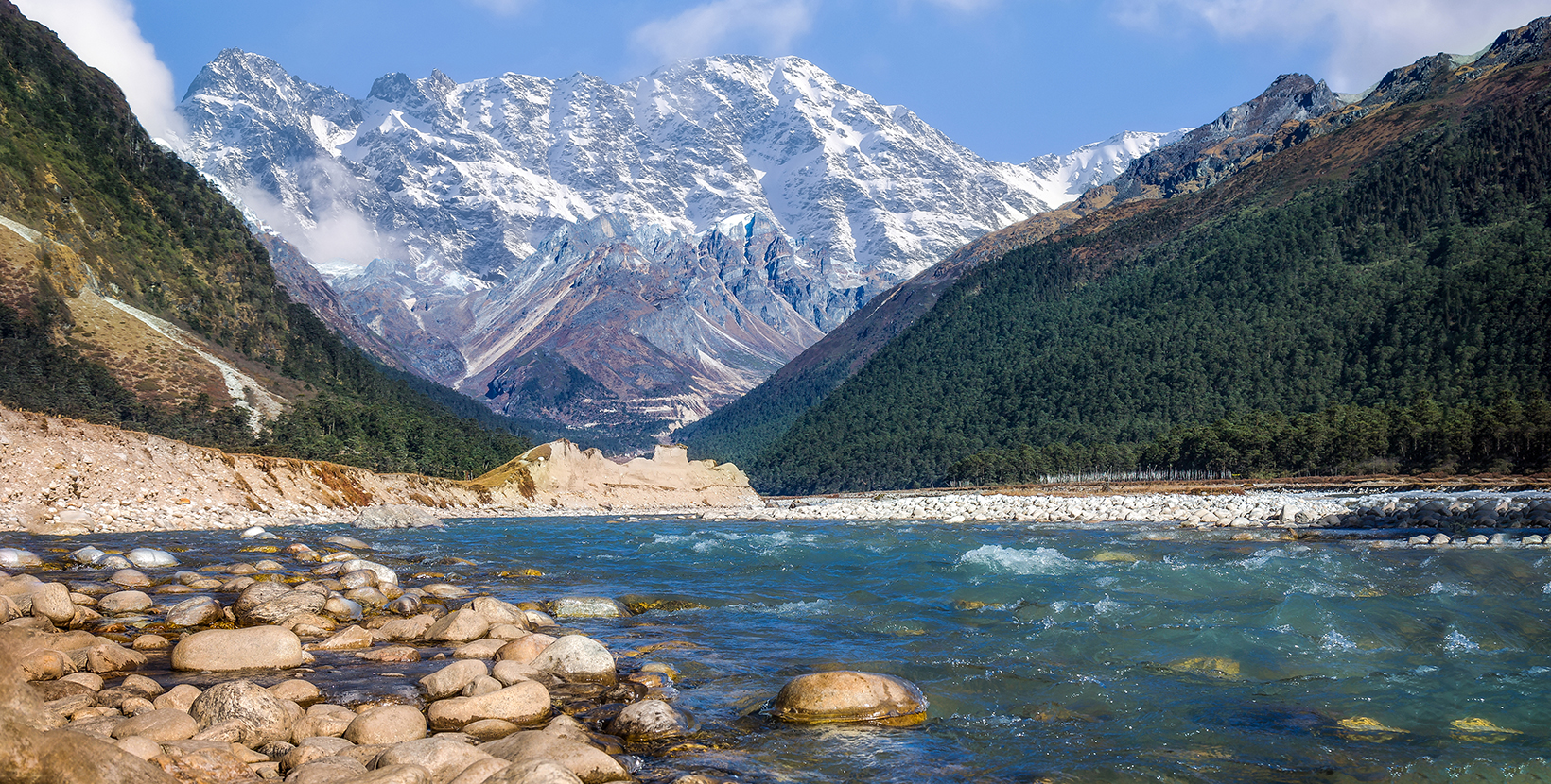 Scenic Yumthang valley with view of river Teesta and majestic Himalayan range.