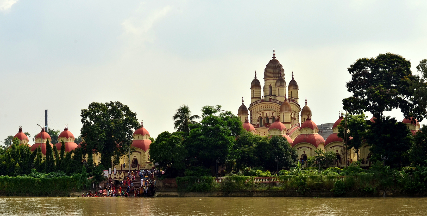 View of the Dakshineshwar Kali temple from a launch in Hoogly river in Kolkata, West Bengal, India